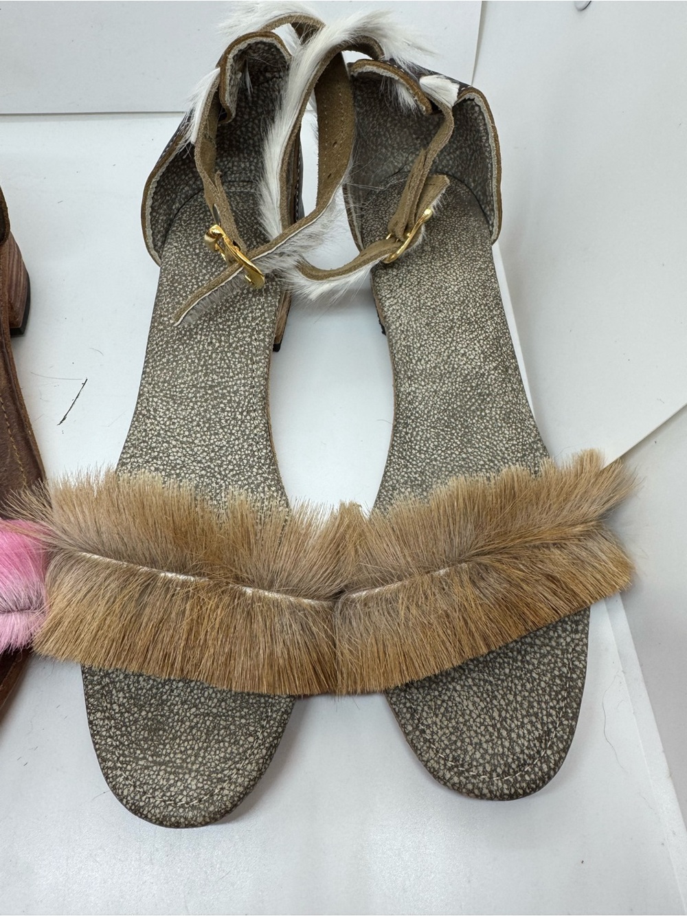 Faux Fur Trim Ankle-Strap Sandals - Tan